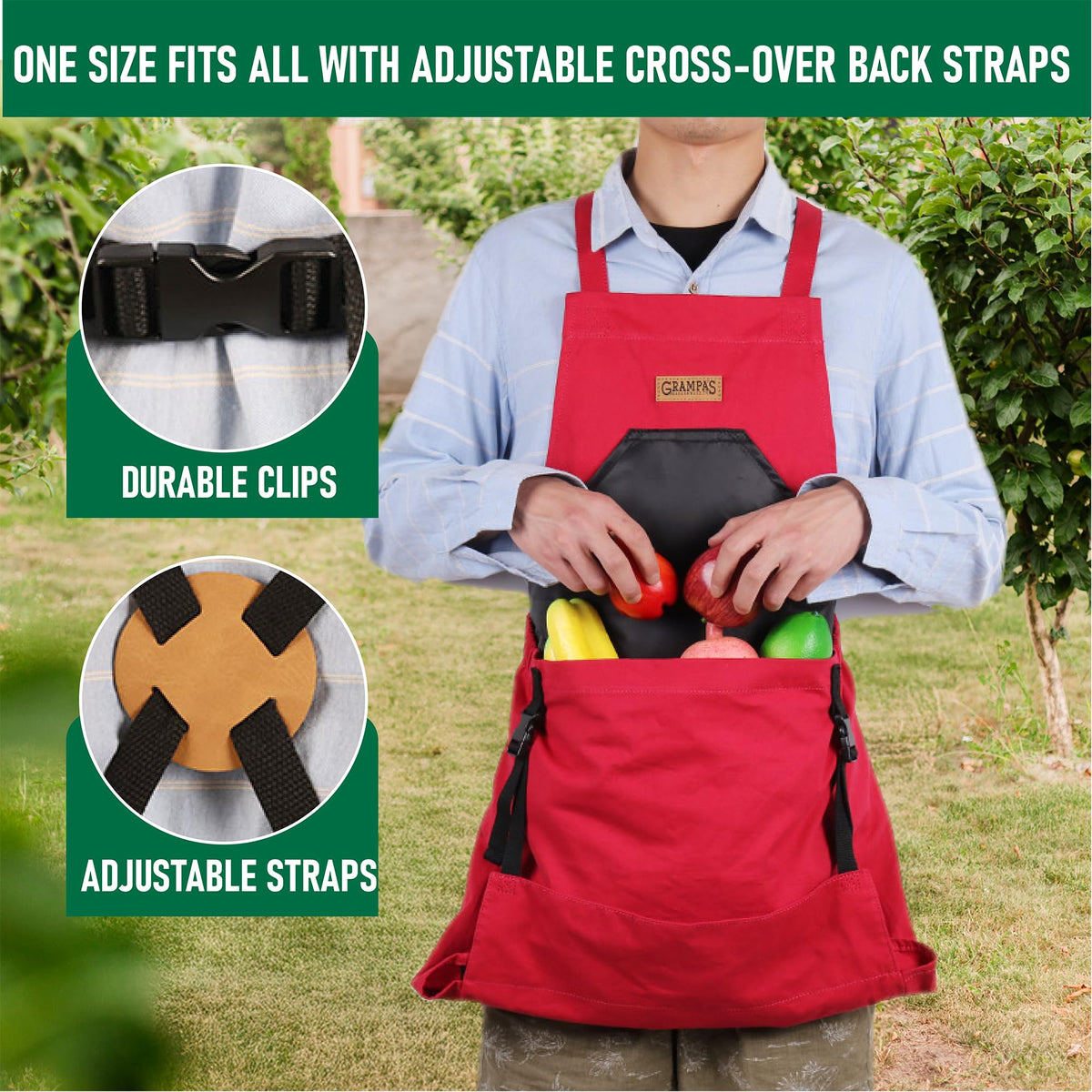 Grampa's Weeder multi-use garden apron supports harvesting, weeding, and planting.