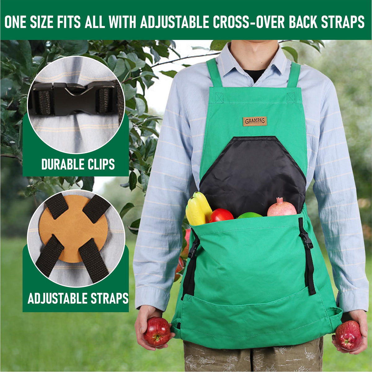 Grampa's Weeder apron in garden use during planting and weeding.