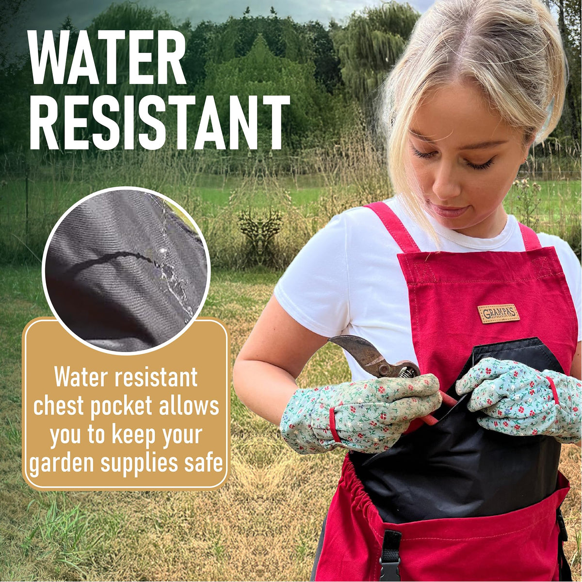 Grampa's Weeder apron with waterproof chest pocket keeps tools and phone dry.