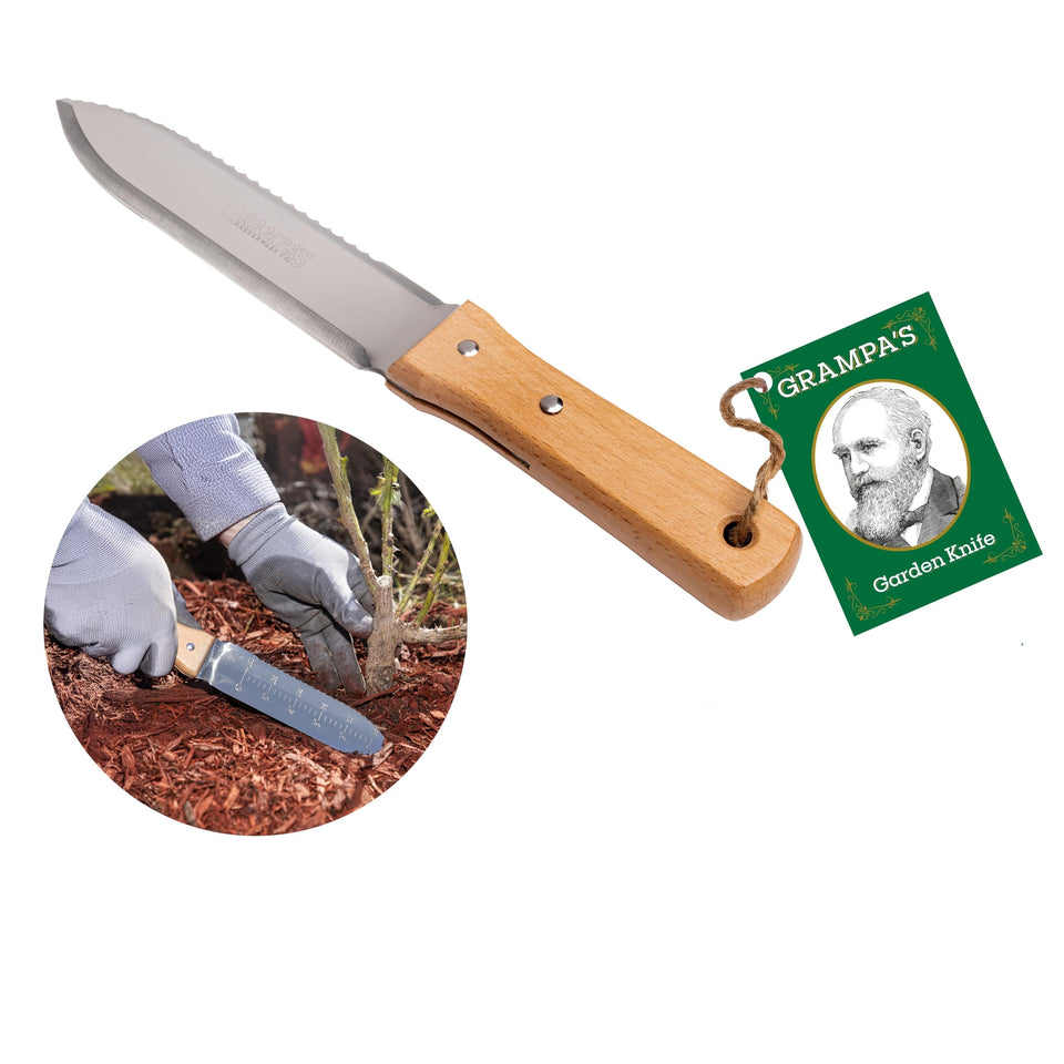 Grampa's Weeder garden knife in main view, ready for precise digging and easy weeding.