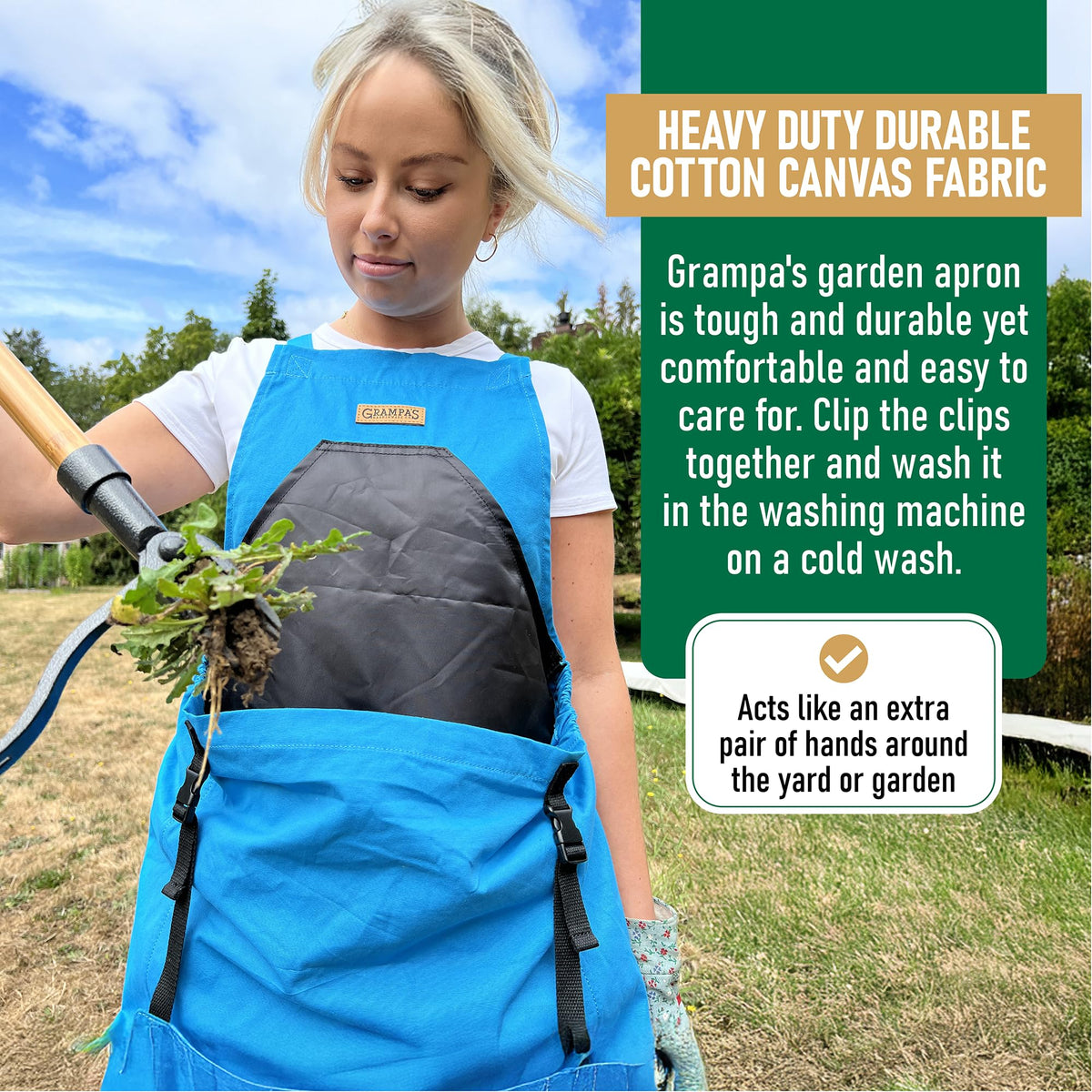 Grampa's Weeder kangaroo pocket open; easy harvest release.