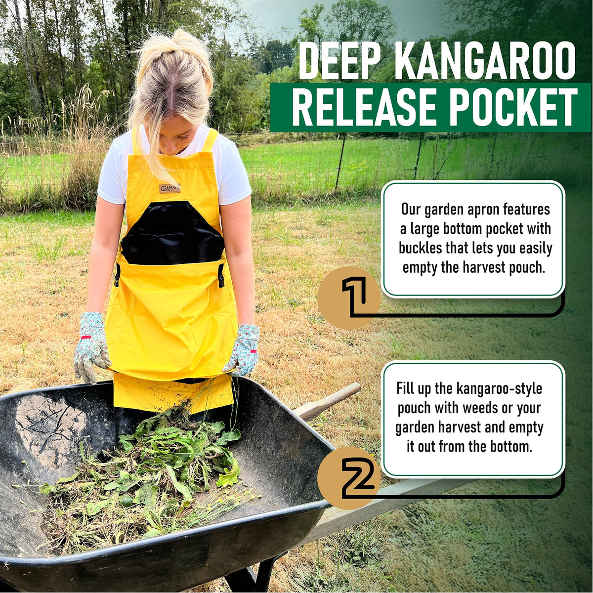 Grampa's Weeder kangaroo pouch emptying view highlights easy harvest disposal and cleanup.