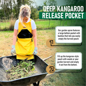Grampa's Weeder kangaroo pouch emptying view highlights easy harvest disposal and cleanup.