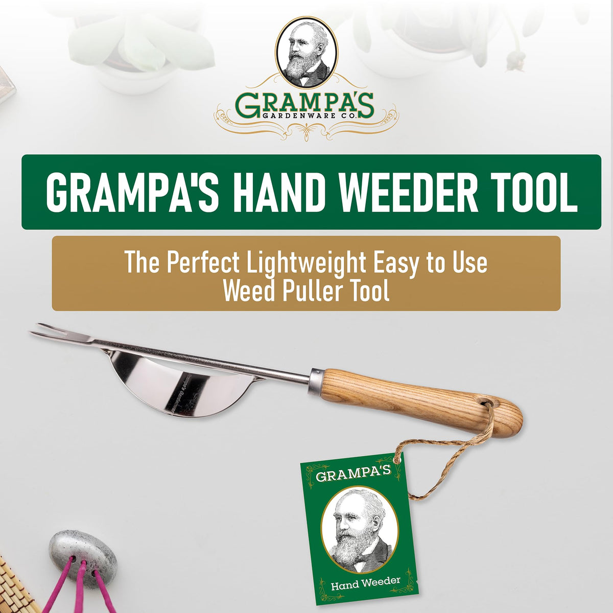 Grampa's Weeder lever-base design shown for effortless weed pulling.