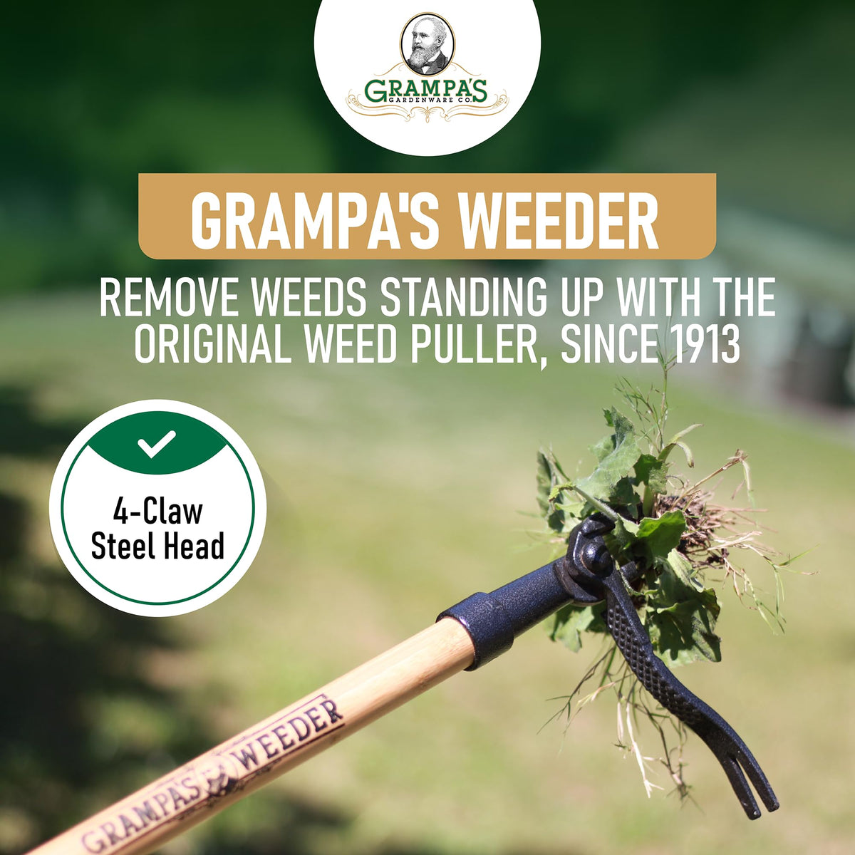 Grampa's Weeder long-handle 45-inch design lets you reach weeds without kneeling.