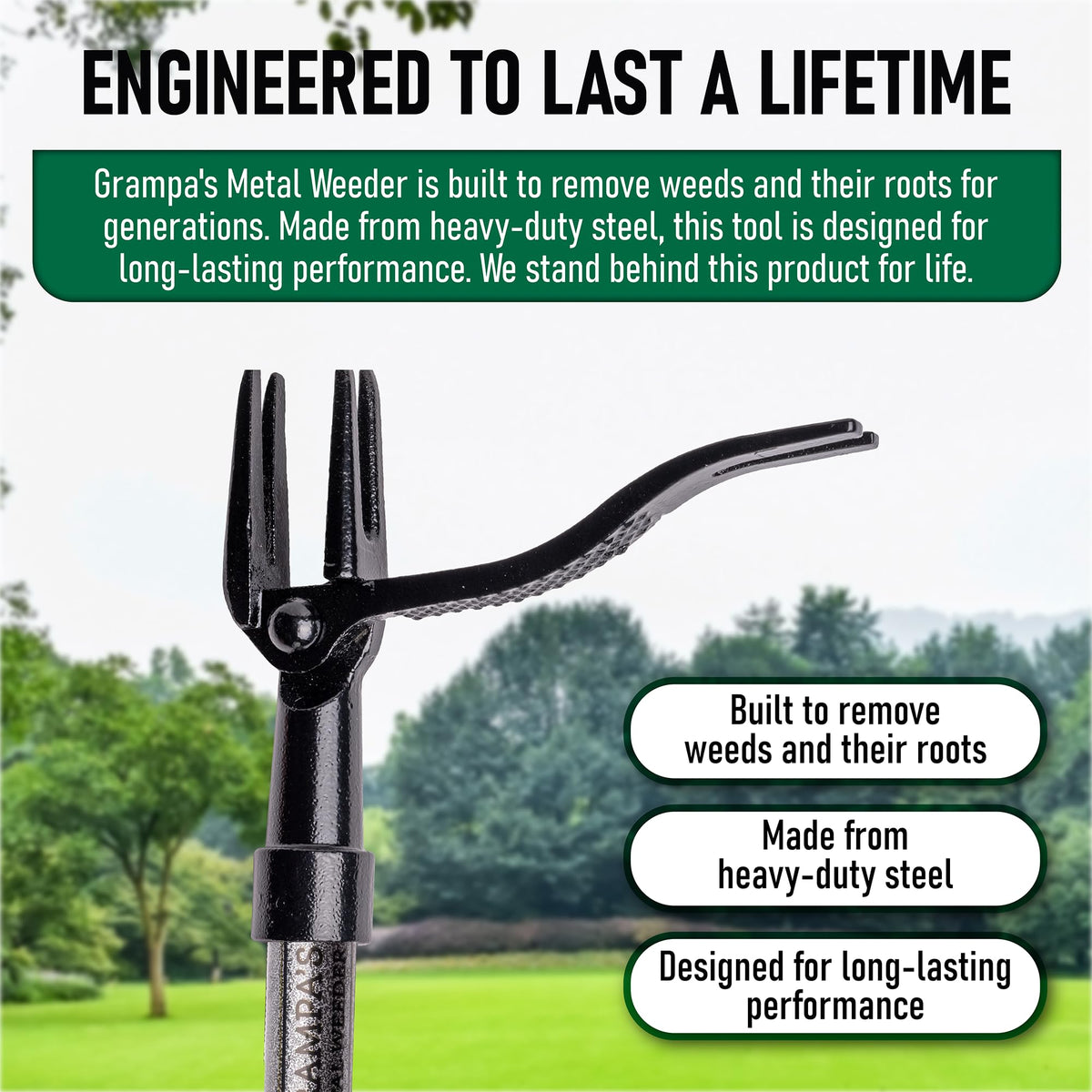 Grampa's Weeder removes roots without chemicals, safe for yards