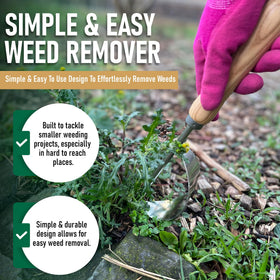 Grampa's Weeder stainless steel body highlighted for durability and rust resistance.