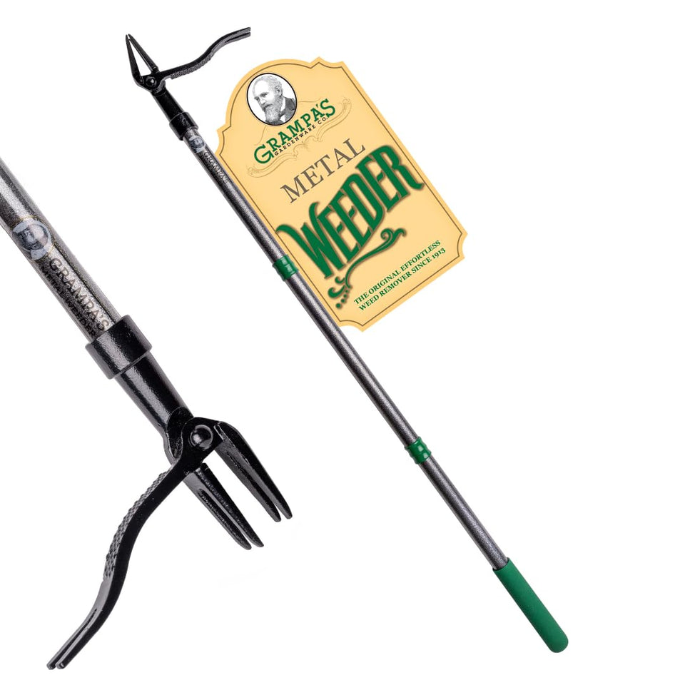 Grampa's Weeder stand-up design for easier weed removal without bending