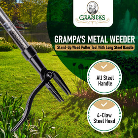 Grampa's Weeder steel long handle provides back-friendly leverage during weeding