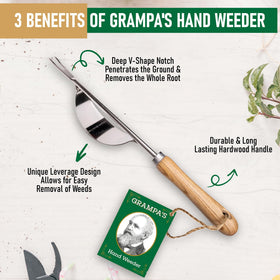 Grampa's Weeder close-up of the V-shaped forks for deep root removal.