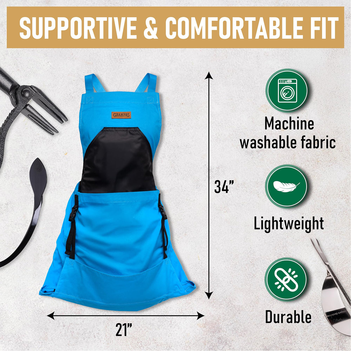 Grampa's Weeder waterproof chest pocket keeps clothes dry while gardening.