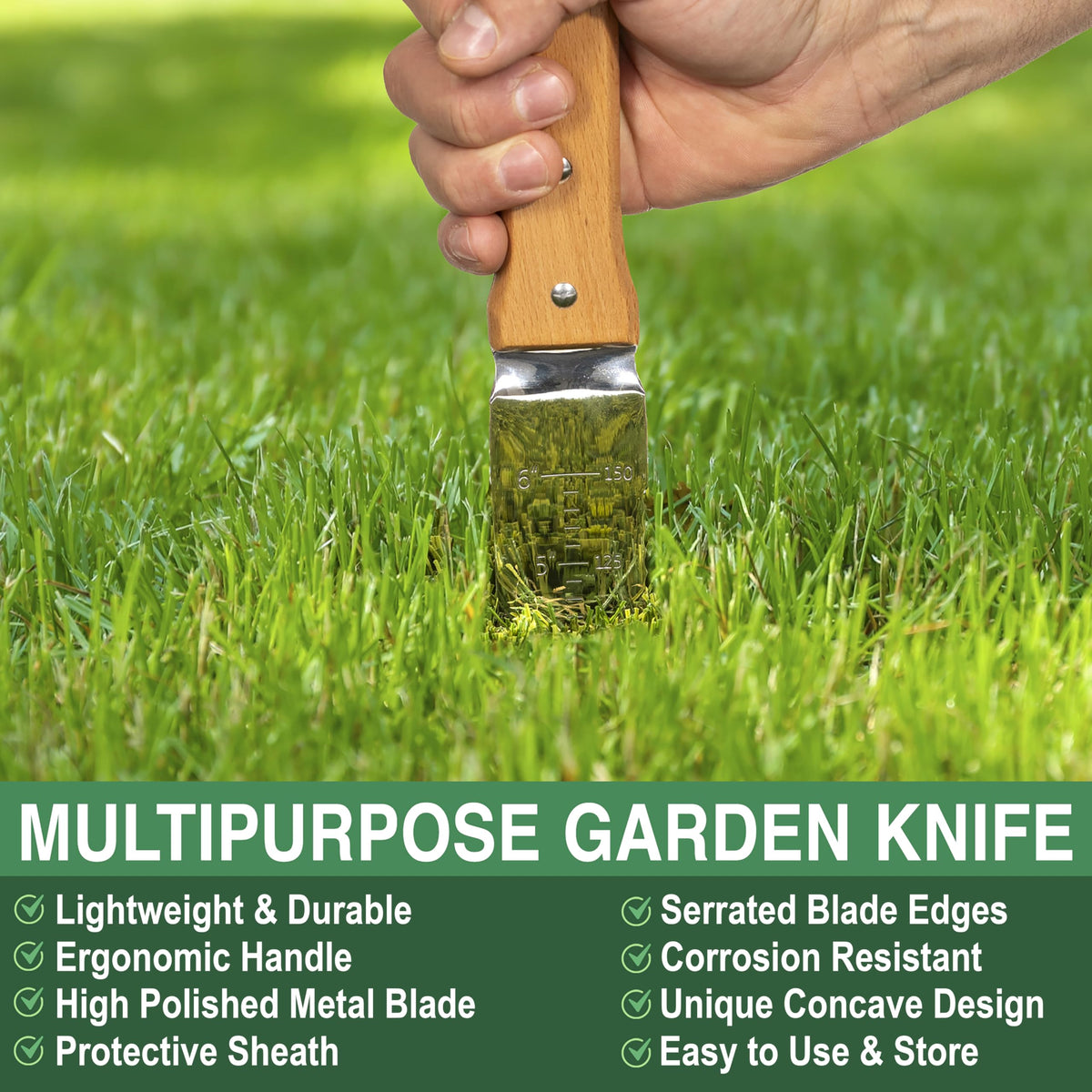Grampa's Weeder wooden handle detail shows ergonomic grip for extended use.
