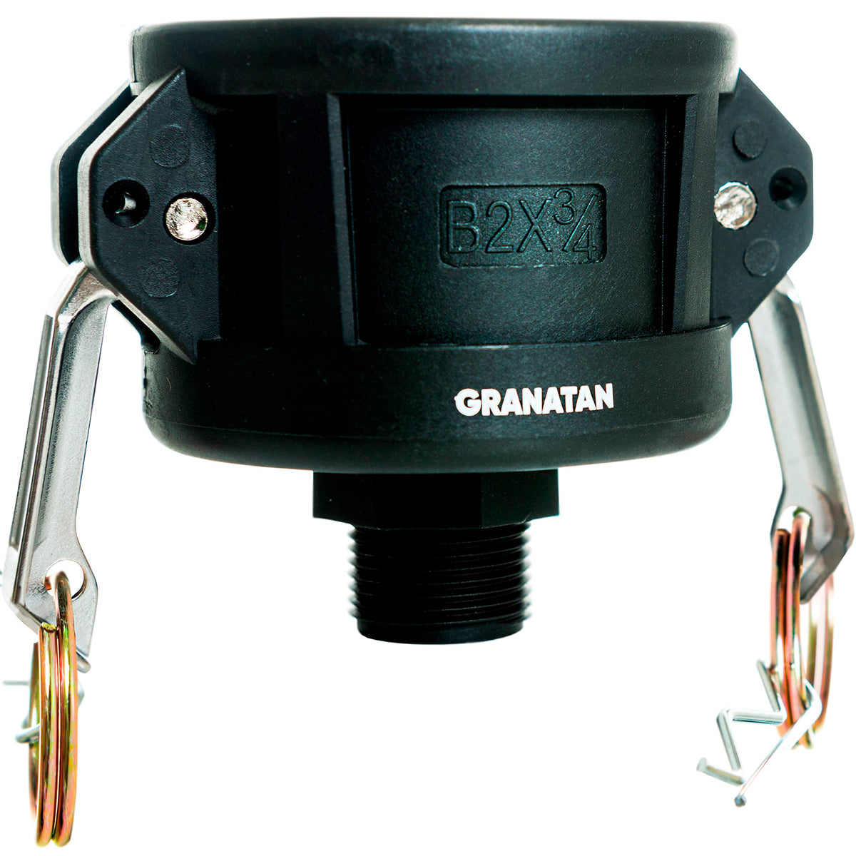 Granatan IBC tote adapter with 2-inch coupler and 3/4-inch male thread for flexible hose hookups.