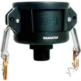 Granatan IBC tote adapter with 2-inch coupler and 3/4-inch male thread for flexible hose hookups.