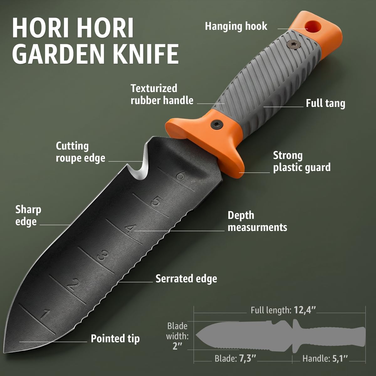 Grand Way Hori Hori Knife dual-edge blade for clean cuts and root sawing.