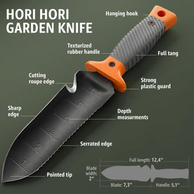 Grand Way Hori Hori Knife dual-edge blade for clean cuts and root sawing.
