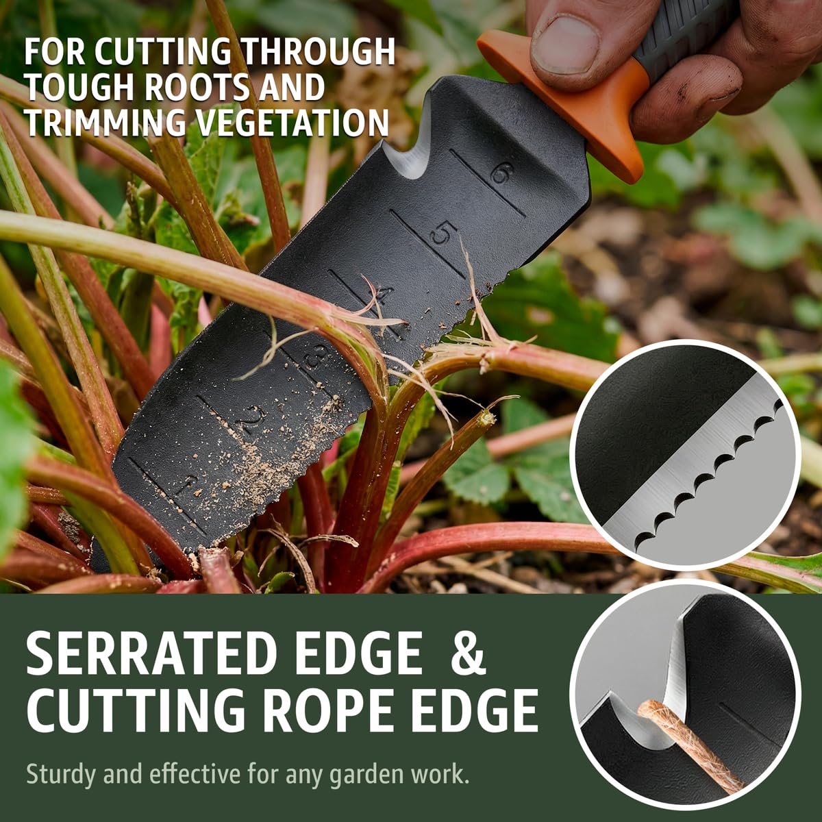 Grand Way Hori Hori Knife full-tang with sheath delivers strength and safe storage.