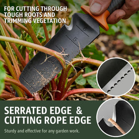 Grand Way Hori Hori Knife full-tang with sheath delivers strength and safe storage.