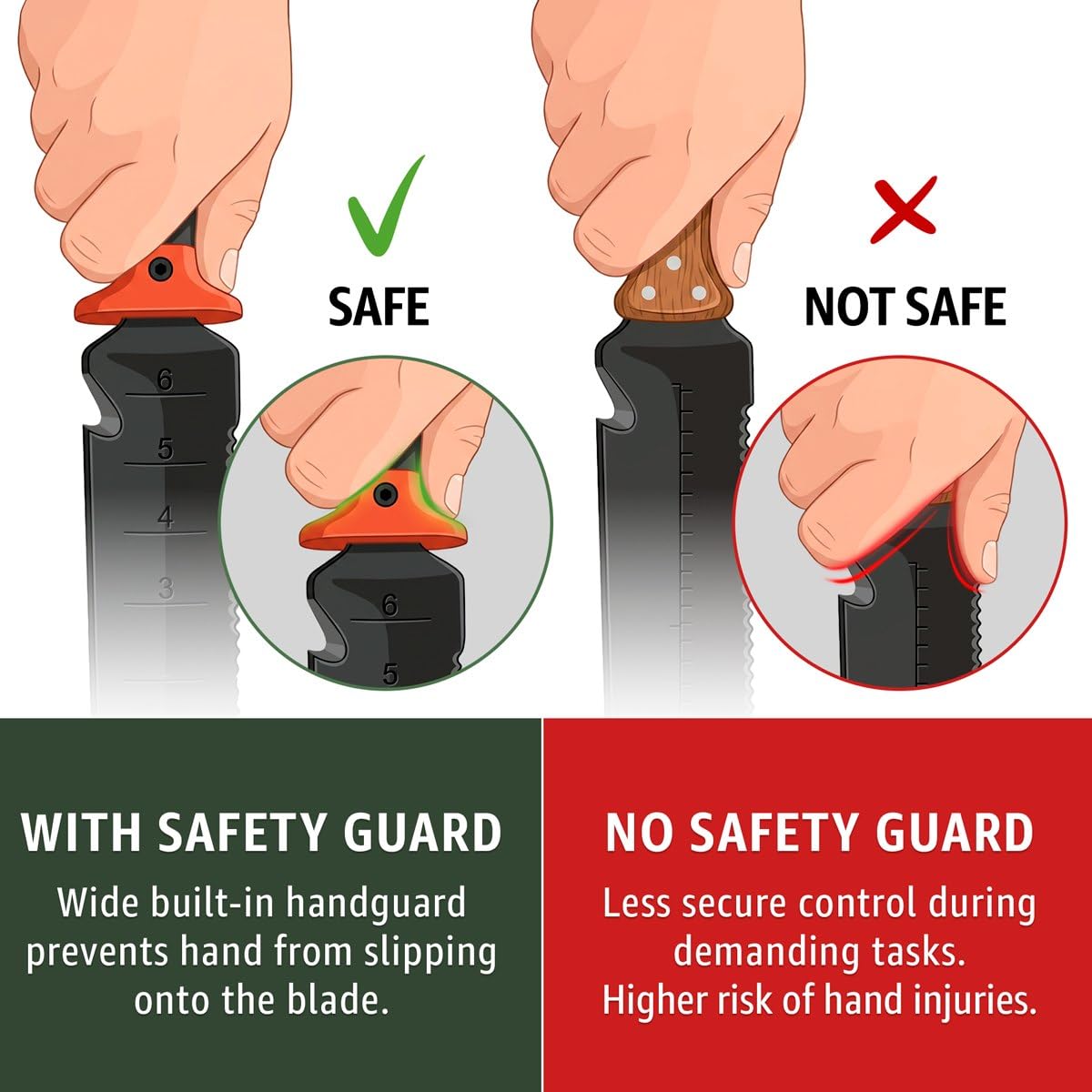 Grand Way Hori Hori Knife safety guard helps prevent slips during heavy digging.