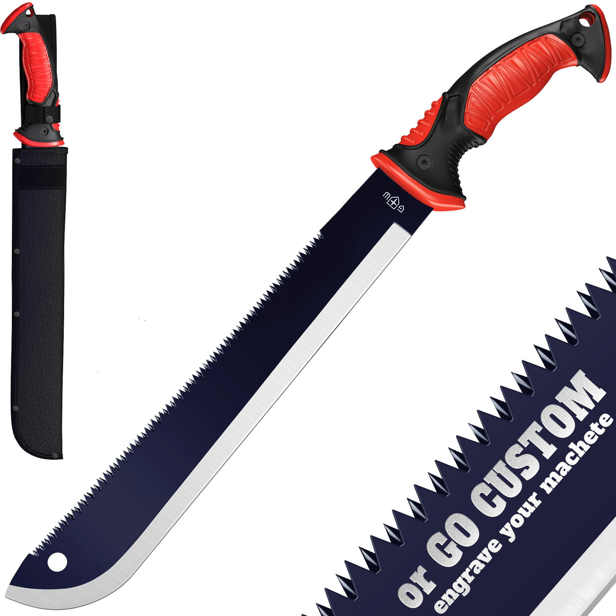 Grand Way machete with saw showing the 12 inch blade for brush clearing and prep tasks.