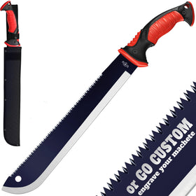 Grand Way machete with saw showing the 12 inch blade for brush clearing and prep tasks.