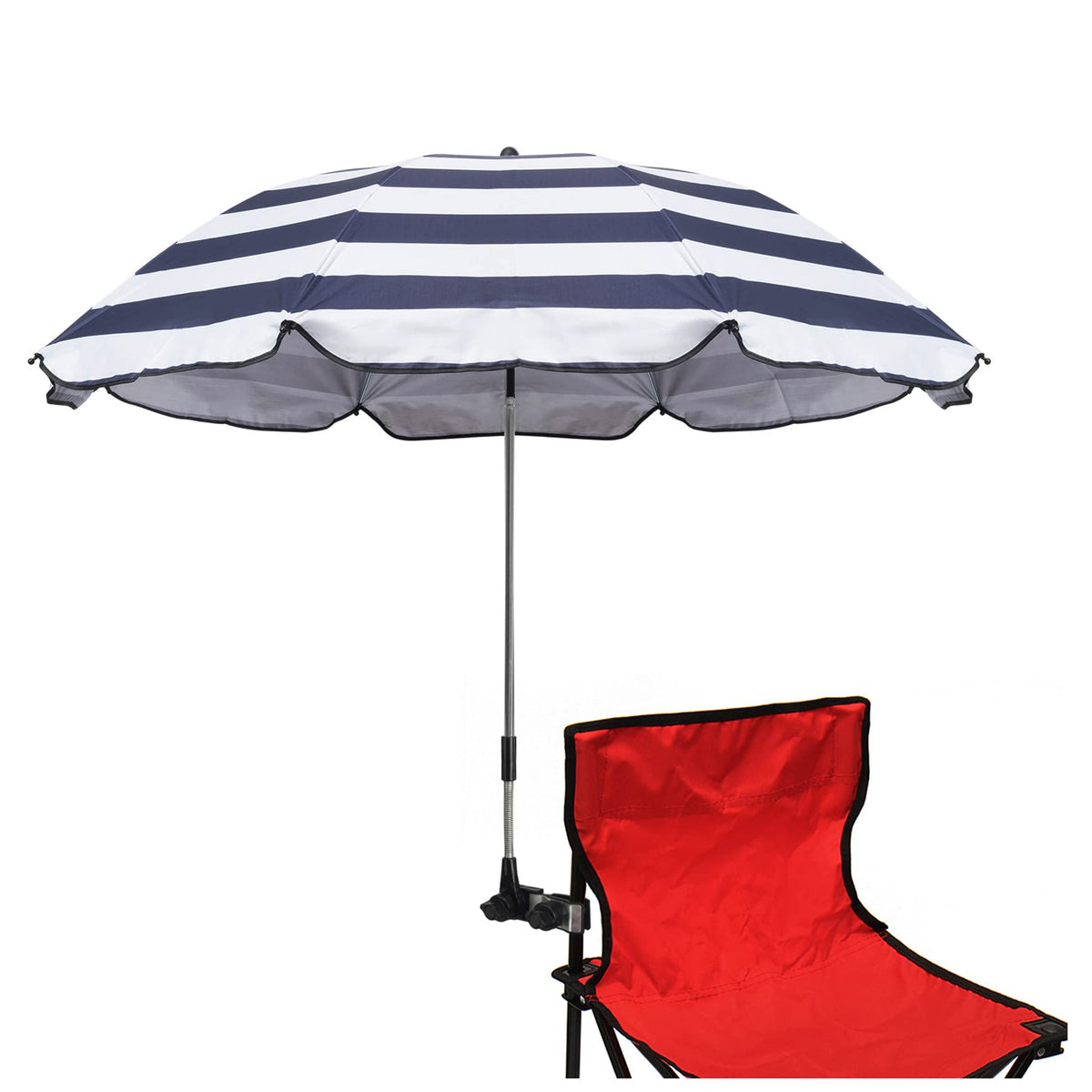 GRANDMEI chair umbrella clip-attachment shows universal clamp securing to most chairs.