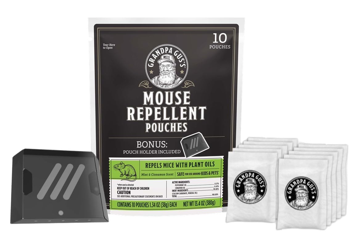 Grandpa Gus's extra-strength mouse repellent bottle deters mice with mint and cinnamon.
