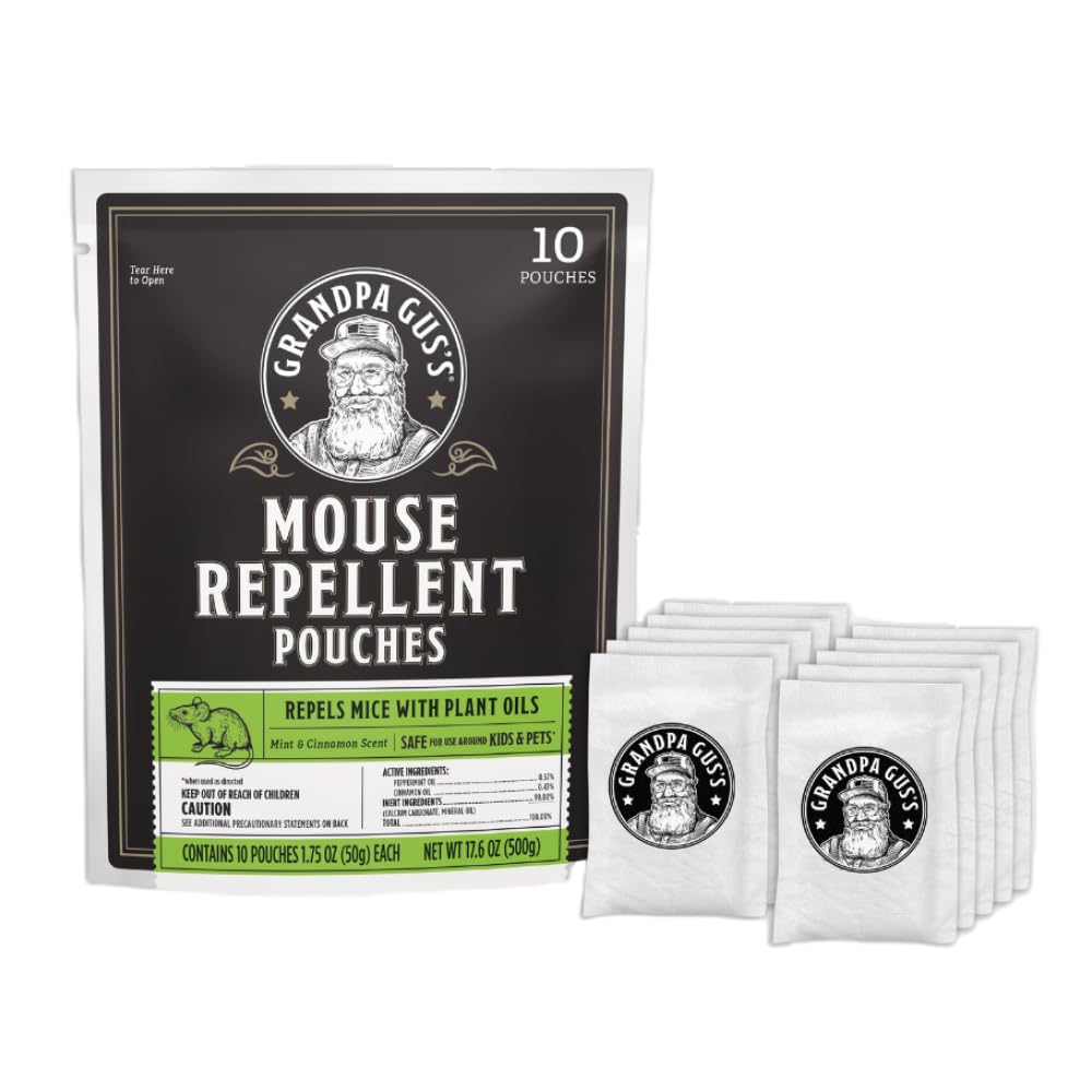 Grandpa Gus's peppermint mouse repellent pouch deters mice in the garage.