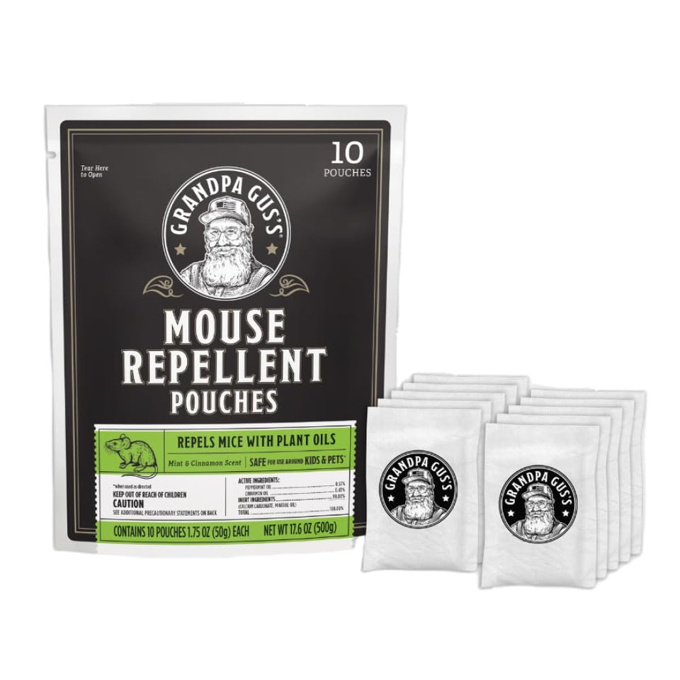 Grandpa Gus's peppermint mouse repellent pouch deters mice in the garage.
