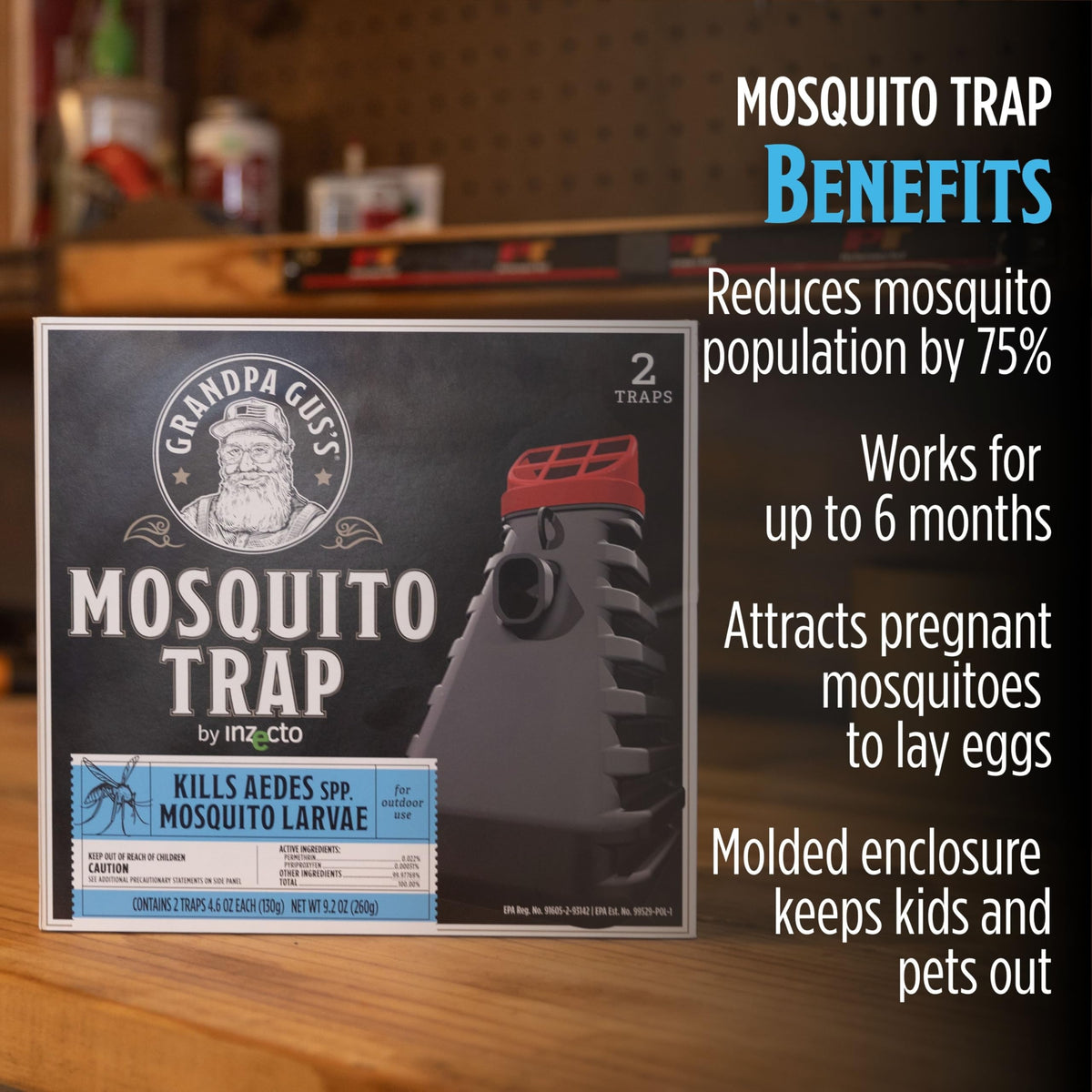 Grandpa Gus's larvae killer works without electricity or lights.