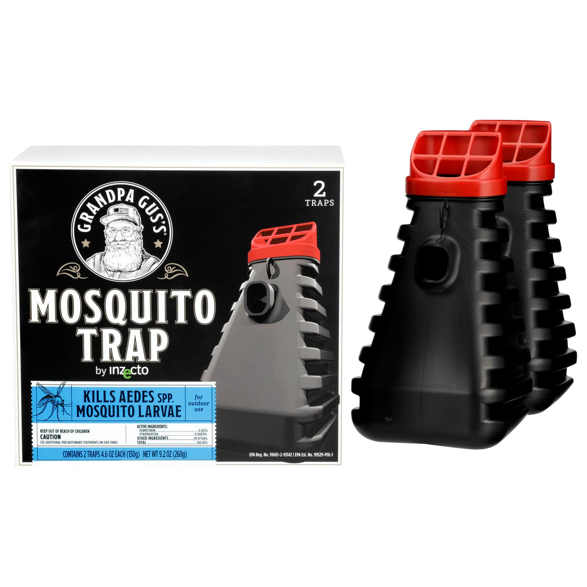 Grandpa Gus's mosquito trap activated by water reduces backyard biting mosquitoes.