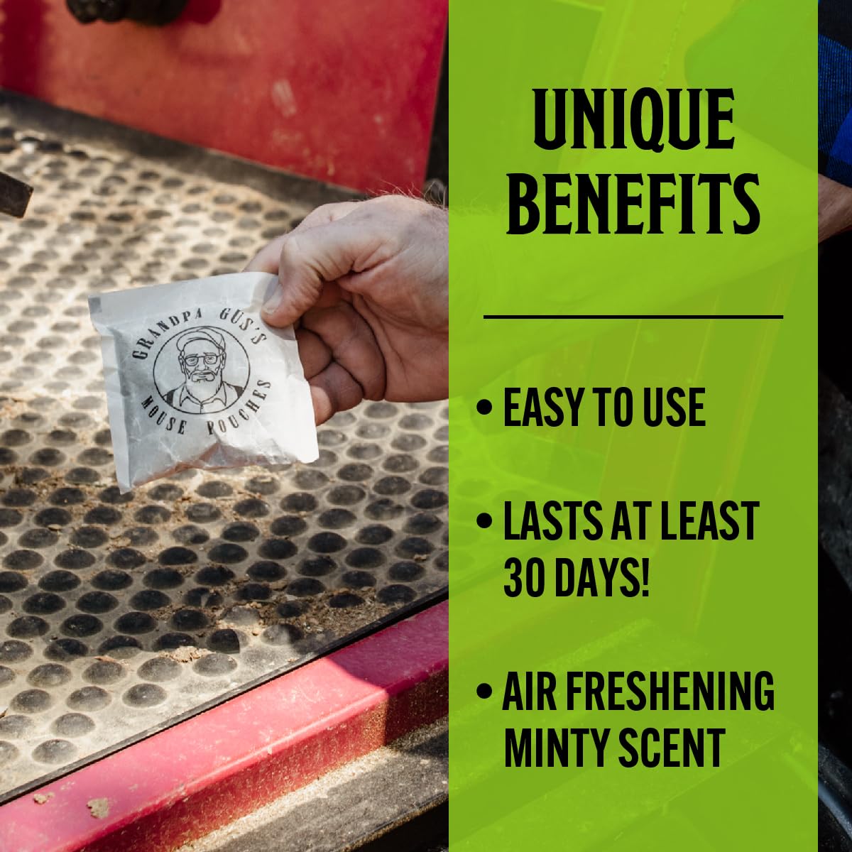 Car interior with pouches providing a natural scent and pest deterrence