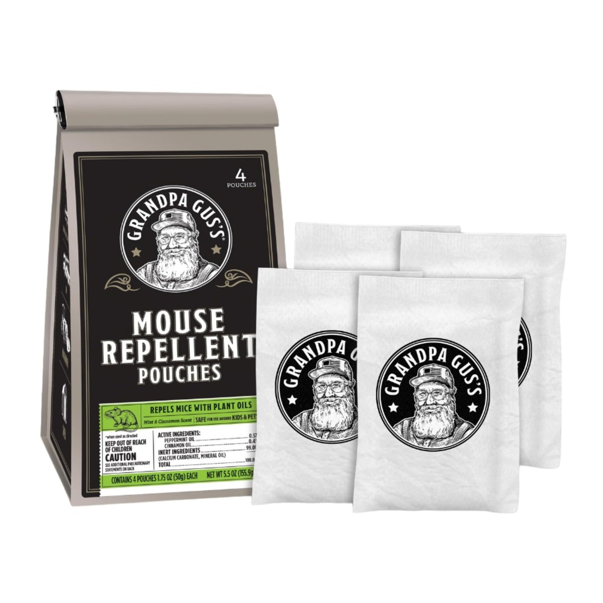 Grandpa Gus's Mouse Repellent Pouches packaging shows the four-pack kit for easy pest defense