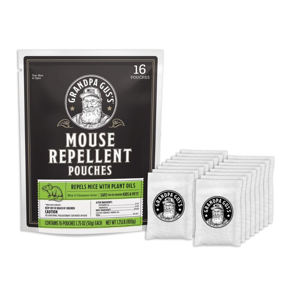 Grandpa Gus's natural mouse repellent pouch with cinnamon-peppermint scent deters mice in homes.