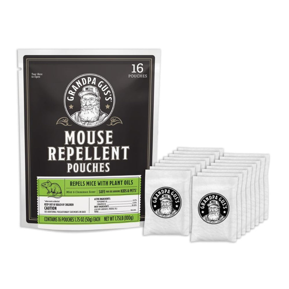 Grandpa Gus's natural mouse repellent pouch with cinnamon-peppermint scent deters mice in homes.