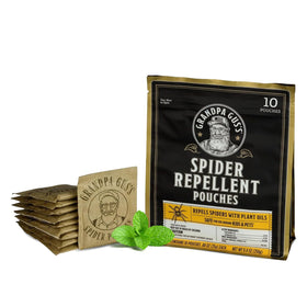 Grandpa Gus's natural spider repellent pouch in peppermint and lemongrass deters indoor spiders.