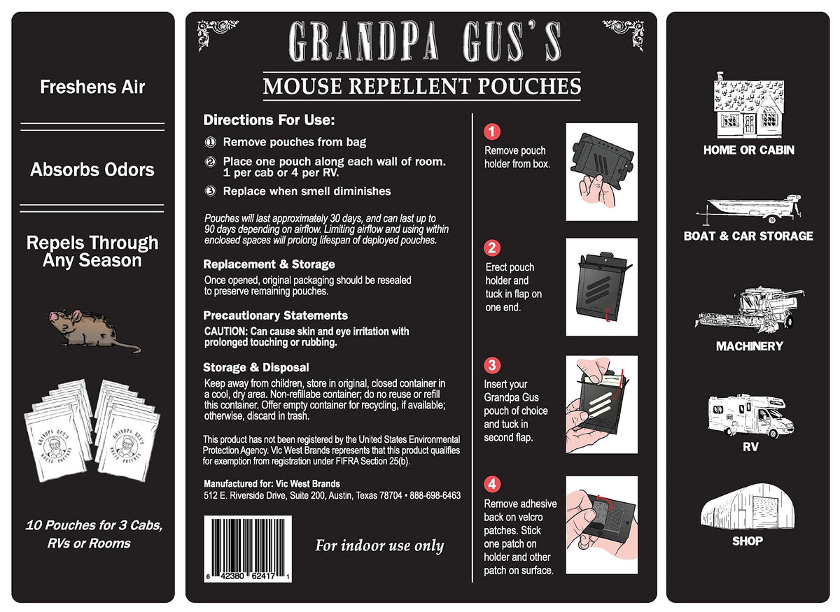 Grandpa Gus's packaging and labeling for quick setup and use tips.