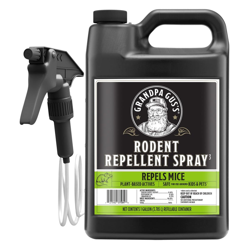 Grandpa Gus's Rodent Repellent bottle pour demonstrates easy application for pest protection.