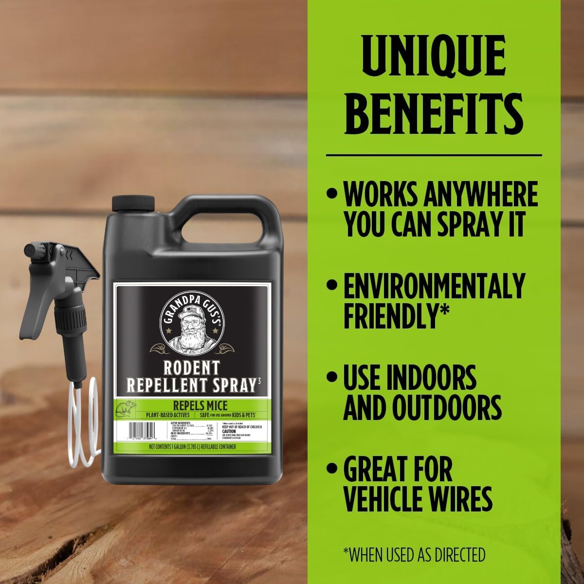 Grandpa Gus's Rodent Repellent outdoor-use shot illustrates versatile coverage for vehicles and sheds.
