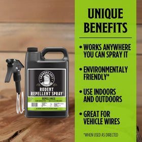 Grandpa Gus's Rodent Repellent outdoor-use shot illustrates versatile coverage for vehicles and sheds.