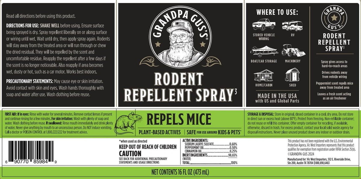 Grandpa Gus's Rodent Repellent Spray 16 oz bottle for easy indoor use.