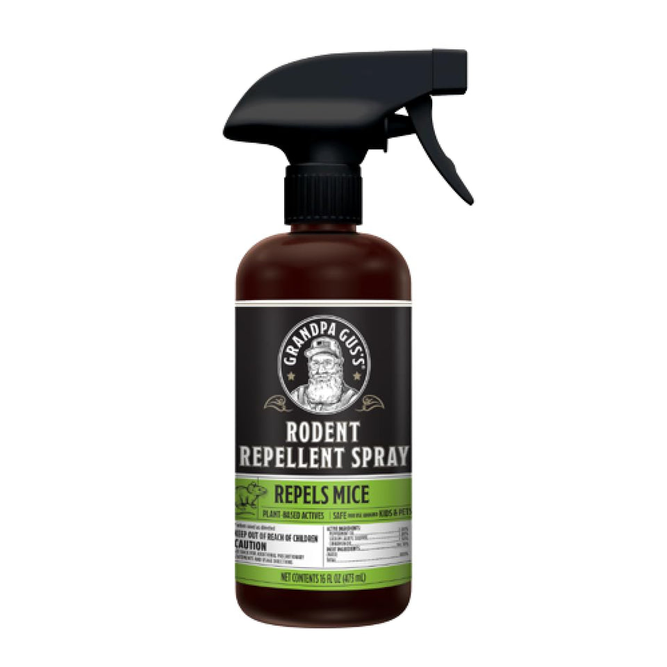 Grandpa Gus's Rodent Repellent Spray bottle for indoor use with fresh scent.