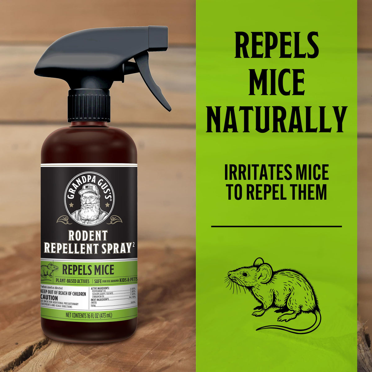 Grandpa Gus's Rodent Repellent Spray mist dispersing to deter chewing.