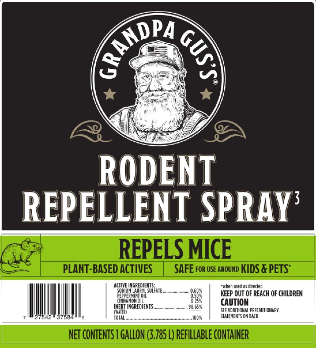 Grandpa Gus's Rodent Repellent bottle-spray combo emphasizes residue-based deterrence on paws.