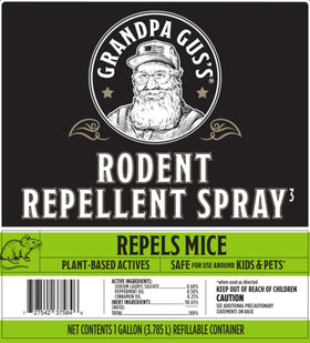 Grandpa Gus's Rodent Repellent bottle-spray combo emphasizes residue-based deterrence on paws.