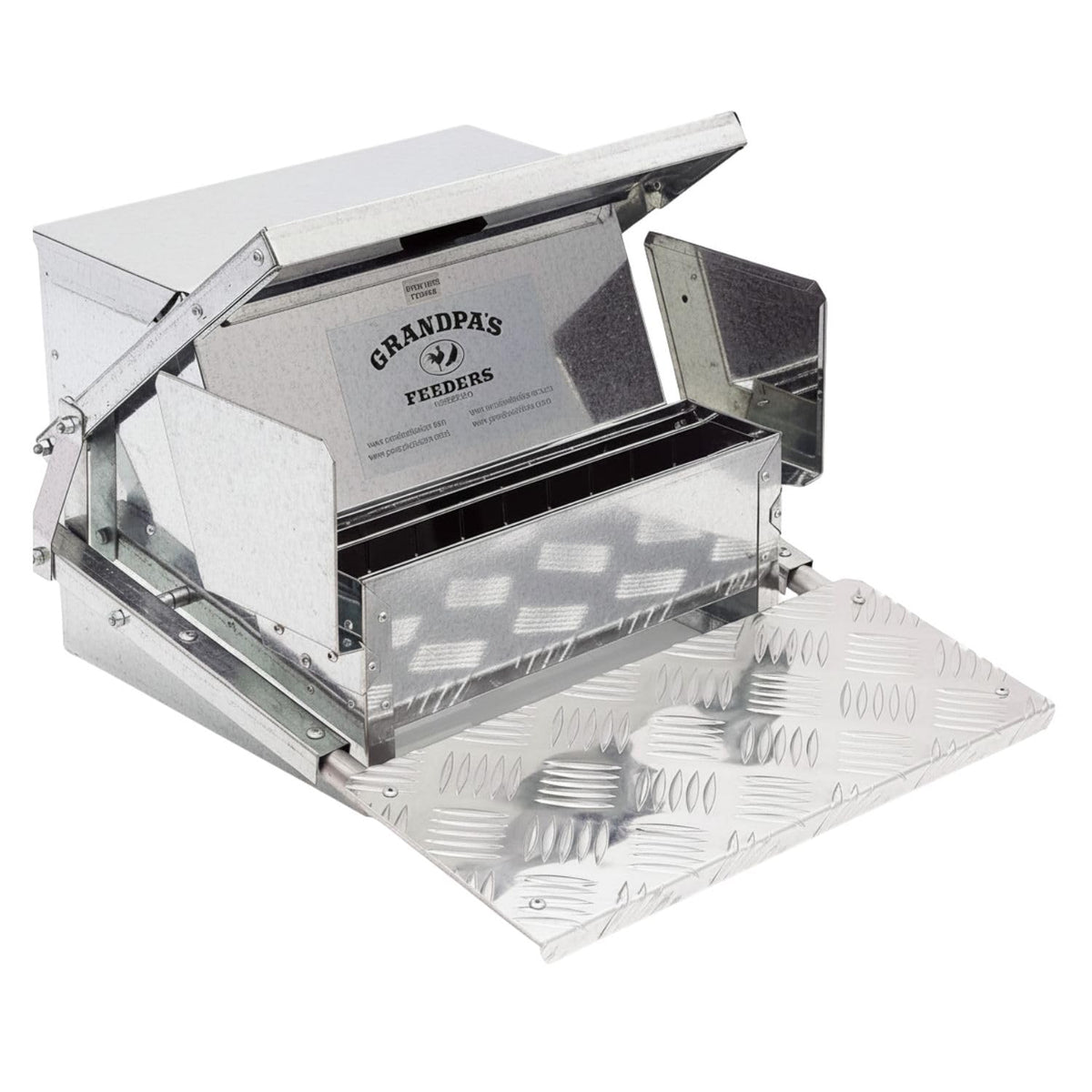 Grandpa's Feeders automatic chicken feeder lid protects feed from rain and pests.