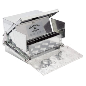 Grandpa's Feeders automatic chicken feeder lid protects feed from rain and pests.