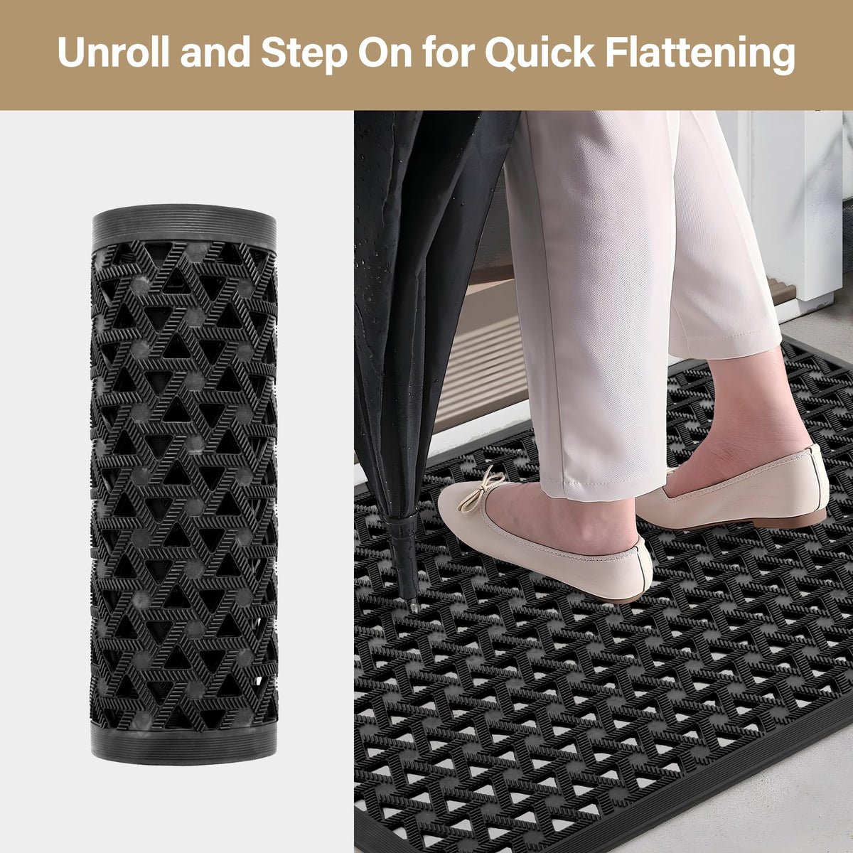 GRANNY SAYS low-profile mat blends with door frame yet shields interior.