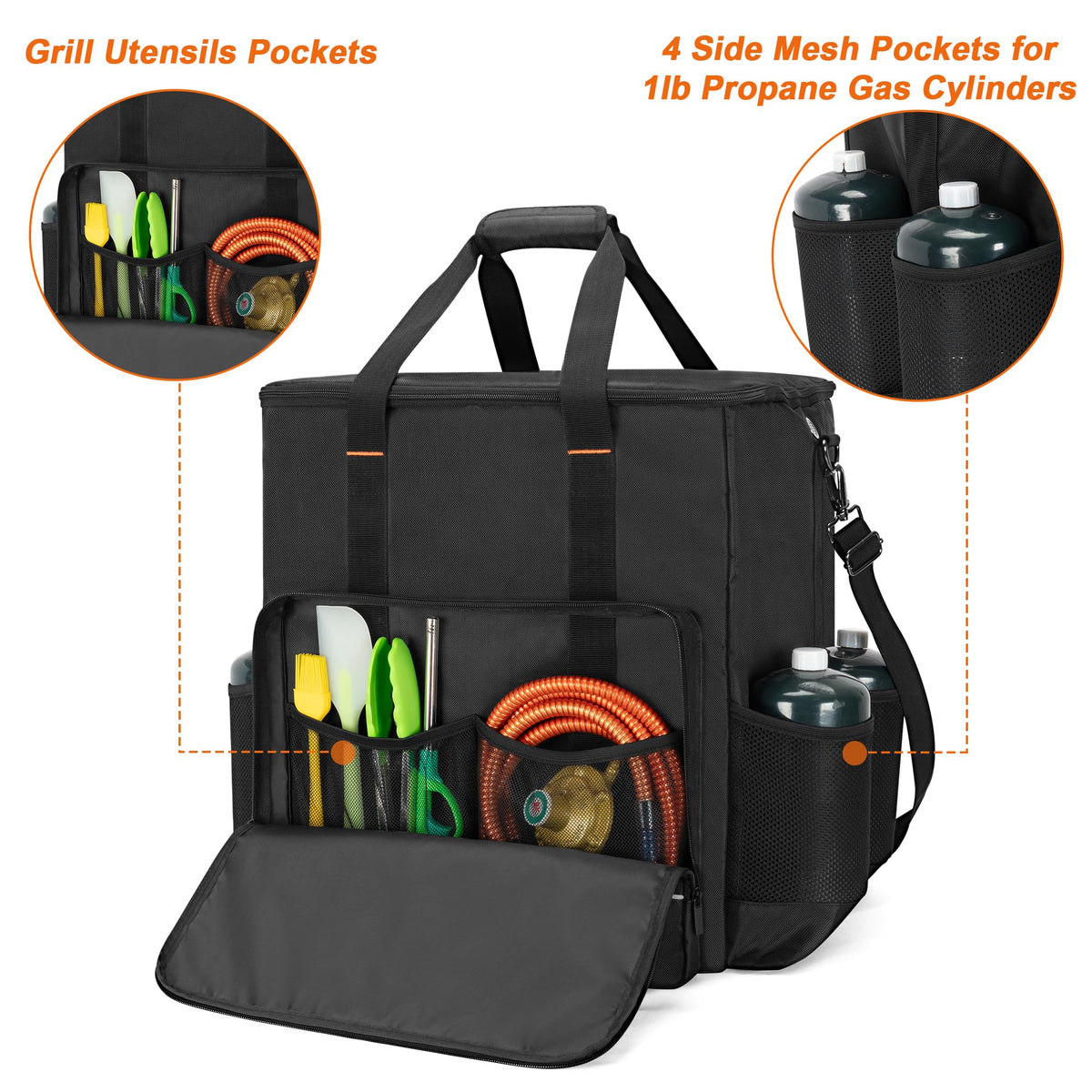 GRAOSO side pockets with 1 lb propane cylinders, organized fuel at hand