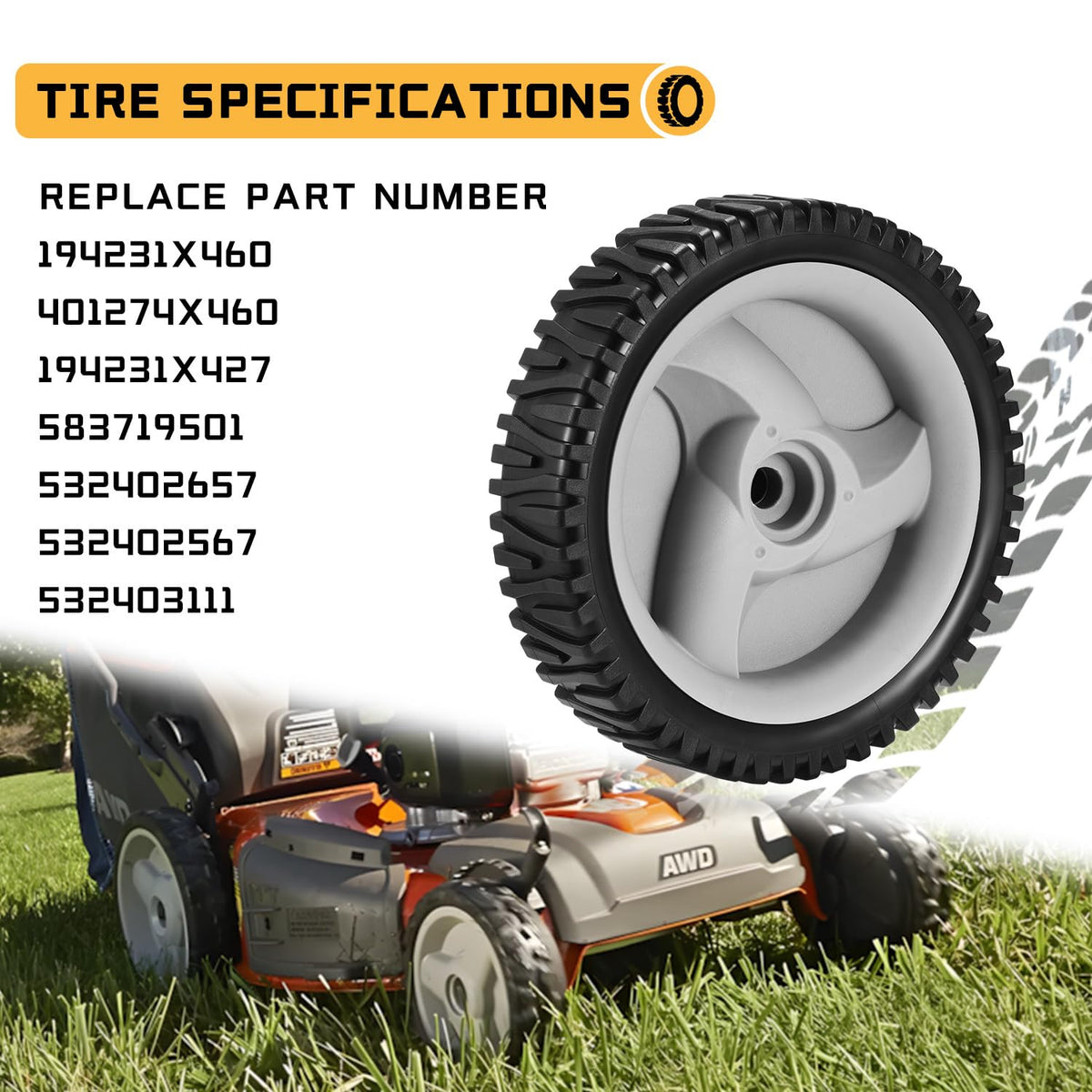 Grasscape front-drive wheel compatibility highlights fit for Craftsman and Husqvarna mowers.